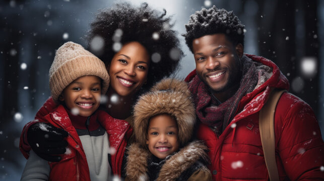 African American Family, Father And Mother With Two Children Close Up Portrait In Park, Winter Snow Season Joy. Looking At Camera