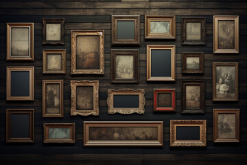 Various wooden retro vintage frames hanging on wall with copy space background. Frames on grunge old wall. Frames for painting or photograph. Generative AI