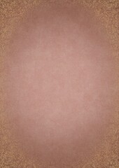 Pale pink textured paper with vignette of golden hand-drawn pattern and golden glittery splatter on a darker background color. Copy space. Digital artwork, A4. (pattern: p06e)