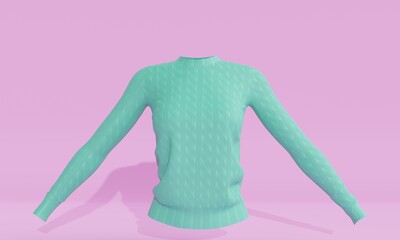 Knitted mint women's sweater on a pink background. 3d rendering