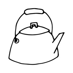 Tea Kettle in Doodle style, Old Metal Teapot contour drawn editable icon for Kitchen Utensil or Camping Equipment
