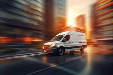 Fototapeta premium Delivery van driving through the city on a blurred city background. Fast delivery concept. AI generated