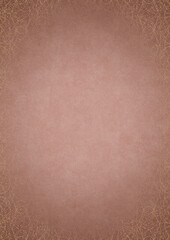 Pale pink textured paper with vignette of golden hand-drawn pattern and golden glittery splatter on a darker background color. Copy space. Digital artwork, A4. (pattern: p10-1f)