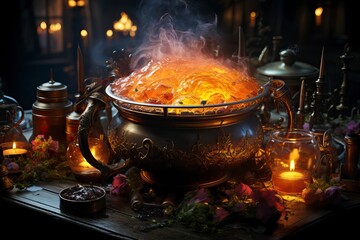 A cauldron bubbling with a sinister potion surrounded by spell books.