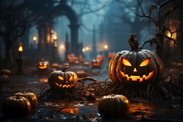 Jack-o'-lanterns aglow with eerie smiles in a misty graveyard.