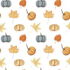 Seamless pattern with pumpkins and yellow leaves