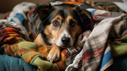 a mixed-breed rescue dog nestled within a patchwork of blankets on a sectional couch, a symbol of second chances