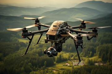 Modern technologies in war and army. using aerial drone for artillery guidance and scouting view enemy positions