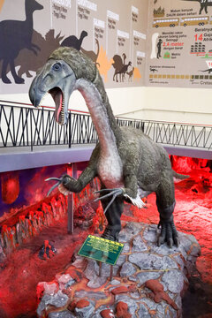 East Java, Indonesia - August 14, 2023. Fossil and Satue of a T-rex dinosaur in the Dino Park for study tour and education in Jatim Park 3, Indonesia.
