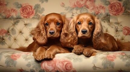 a pair of Cocker Spaniels nestled together on a vintage couch, their expressive eyes filled with devotion