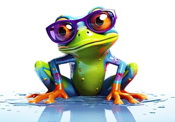 Close-up of a green toy frog. A toad with big eyes and glasses is watching. Digital art. Figurine made of ceramics, plasticine, plastic or rubber. Illustration for cover, card, flyer, poster or print.