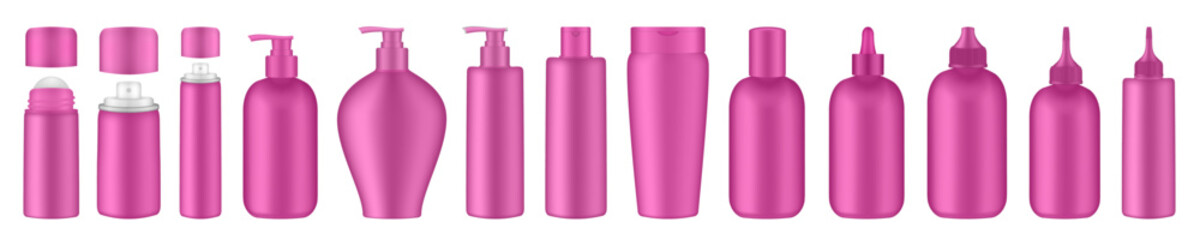 Set of pink squeeze bottles. Bottles with pump, dispenser. Korean packaging. Lotion or shower gel. Deodorant roll-on. Hair spray, air freshener container, mockup of aerosol. Squeeze bottles. Dropper