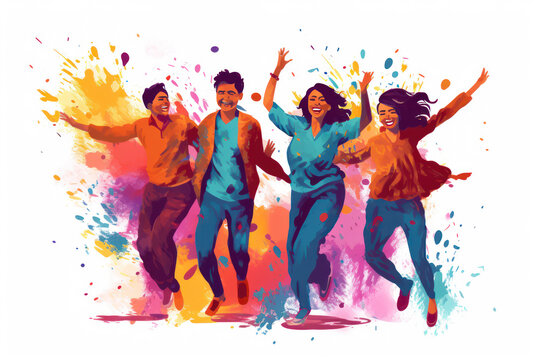 Cheerful people rejoice at the annual Holi spring festival, Love and Spring, bright illustration on a white background