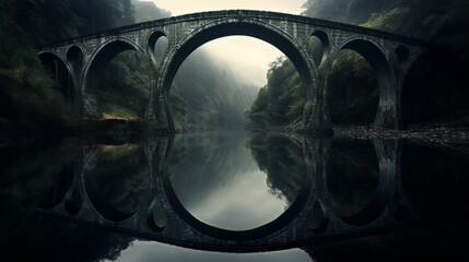 a rain-shrouded bridge, its arches reflected in the mirror-like surface of the river below, a vision of symmetry