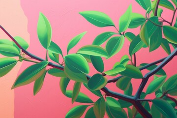 Fototapeta na wymiar Vibrant green branch amidst a soft pink backdrop. Artwork. Generative AI