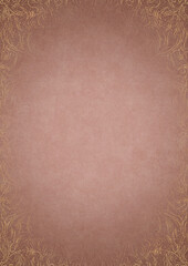 Pale pink textured paper with vignette of golden hand-drawn pattern and golden glittery splatter on a darker background color. Copy space. Digital artwork, A4. (pattern: p11-1d)