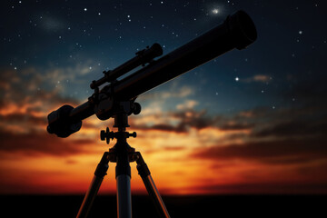 Telescope silhouette against sunset background. Hobbies of amateur astronomy. Night sky observation