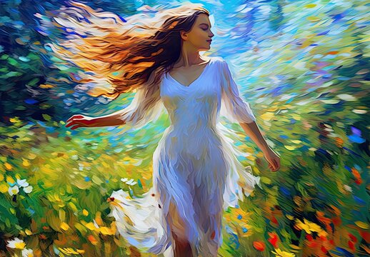 A young woman walking through a summer flowering field. Romantic image of a girl in a long dress. Original acrylic or oil painting background made with paint strokes. Illustration for cover, design.