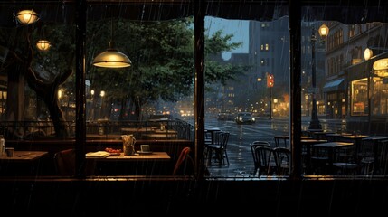 a rain-spattered cafe window, where patrons inside enjoy cozy conversations and the comforting sound of rain
