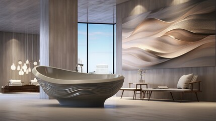 A luxurious master bathroom with a freestanding sculptural tub