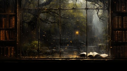 a rain-spattered library window, where the world outside fades into a blur, and the world of words...