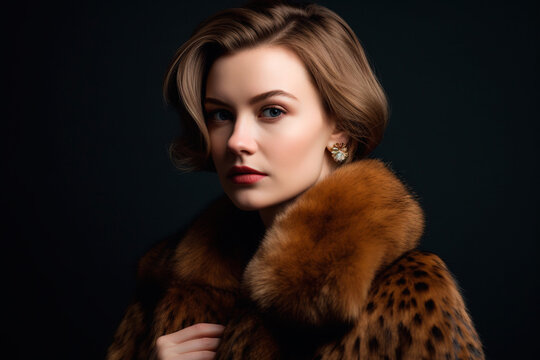 Portrait of an elegant woman in a mink and cheetah fur coat 