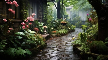 a rain-washed garden path, where stepping stones are framed by lush vegetation and rain-kissed petals