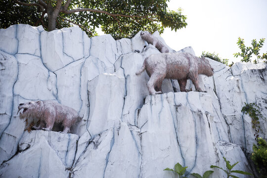 East Java, Indonesia - August 14, 2023. Fossil and Satue of a ice age dinosaur in the Dino Park for study tour and education in Jatim Park 3, Indonesia.