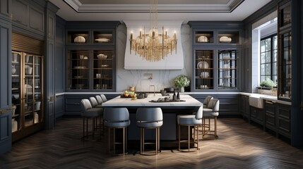 A luxury kitchen with a concealed pantry and elegant light fixtures