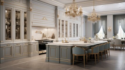 A luxury kitchen with a concealed pantry and elegant light fixtures - obrazy, fototapety, plakaty
