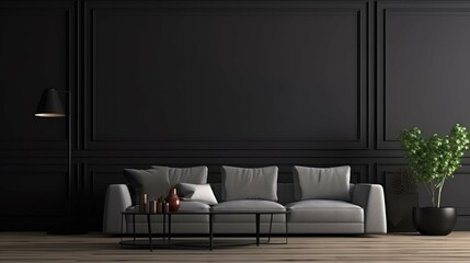 Stylish interior of room with comfortable big sofa near dark brick wall