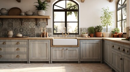 A luxury kitchen with a large farmhouse sink and patterned tile floor