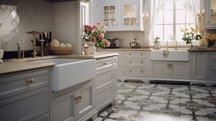 Fototapeta na wymiar A luxury kitchen with a large farmhouse sink and patterned tile floor