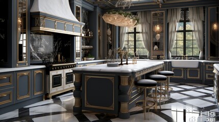 A luxury kitchen with a mix of metallic accents and bold patterns