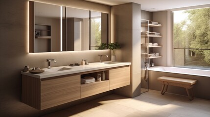 Fototapeta na wymiar A bathroom with a double sink vanity and integrated storage