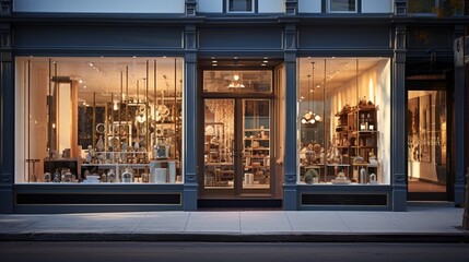 cosmetic boutique's storefront with polished glass windows, reflecting the charm of the surrounding...