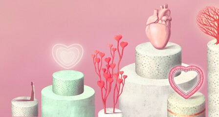 Love romance and valentine concept, surreal red heart, painting illustration, concept art, conceptual artwork, 3d illustration	
