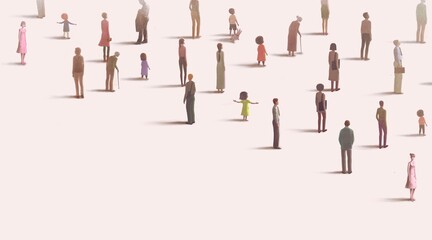 Conceptual artwork of crowd, different, alone, hope, and loneliness. Group of people in the city. Concept art. surreal painting.	