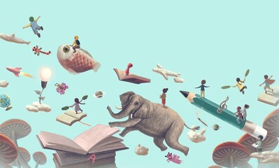 Education learning dream hope inspiration and freedom concept, girl and boy with imagination book. surreal painting. Fantasy art, conceptual artwork, happiness of child , 3d illustration © Jorm Sangsorn