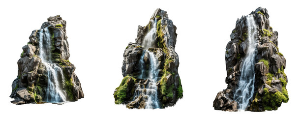 set of rocky waterfall isolated on transparent background . PNG, cutout, or clipping path.
