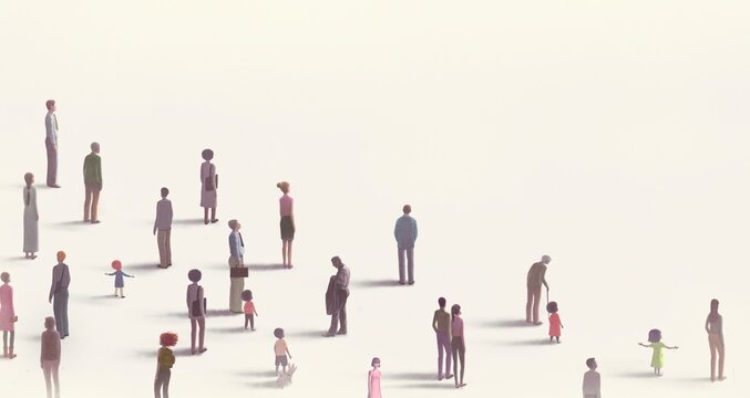 Conceptual artwork of crowd, different, alone, hope, and loneliness. Group of people in the city. Concept art. surreal painting.	