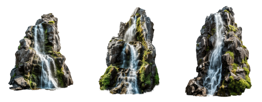 set of rocky waterfall isolated on transparent background . PNG, cutout, or clipping path.