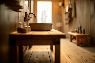 Blurred bathroom behind a wooden table. Generative AI
