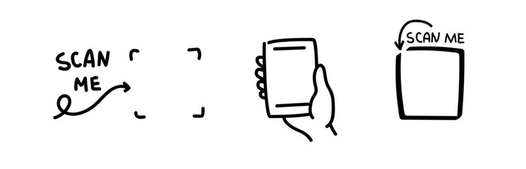 Hand drawn scan me set icons. QR code template. Scan me sticker. QR code scan icon set. Scan me frame. QR code scan for smartphone. QR code for mobile app, payment and identification. 