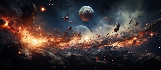 Planets colliding create new worlds including Moon Universe formation - obrazy, fototapety, plakaty
