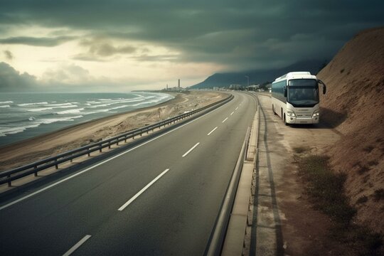 A stunning highway scene with a white travel bus. Generative AI
