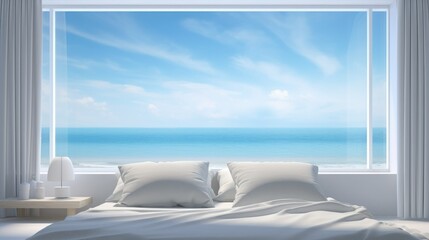 Bedroom with seaside view, travel at beach resort - obrazy, fototapety, plakaty