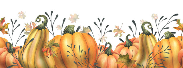 Orange autumn pumpkins with maple leaves and twigs. Watercolor , hand drawn. Seamless border on a white background