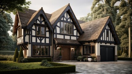 Fototapeta premium Tudor style family house, exterior of house with gable roof