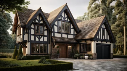 Fotobehang Tudor style family house, exterior of house with gable roof © thesweetsheep